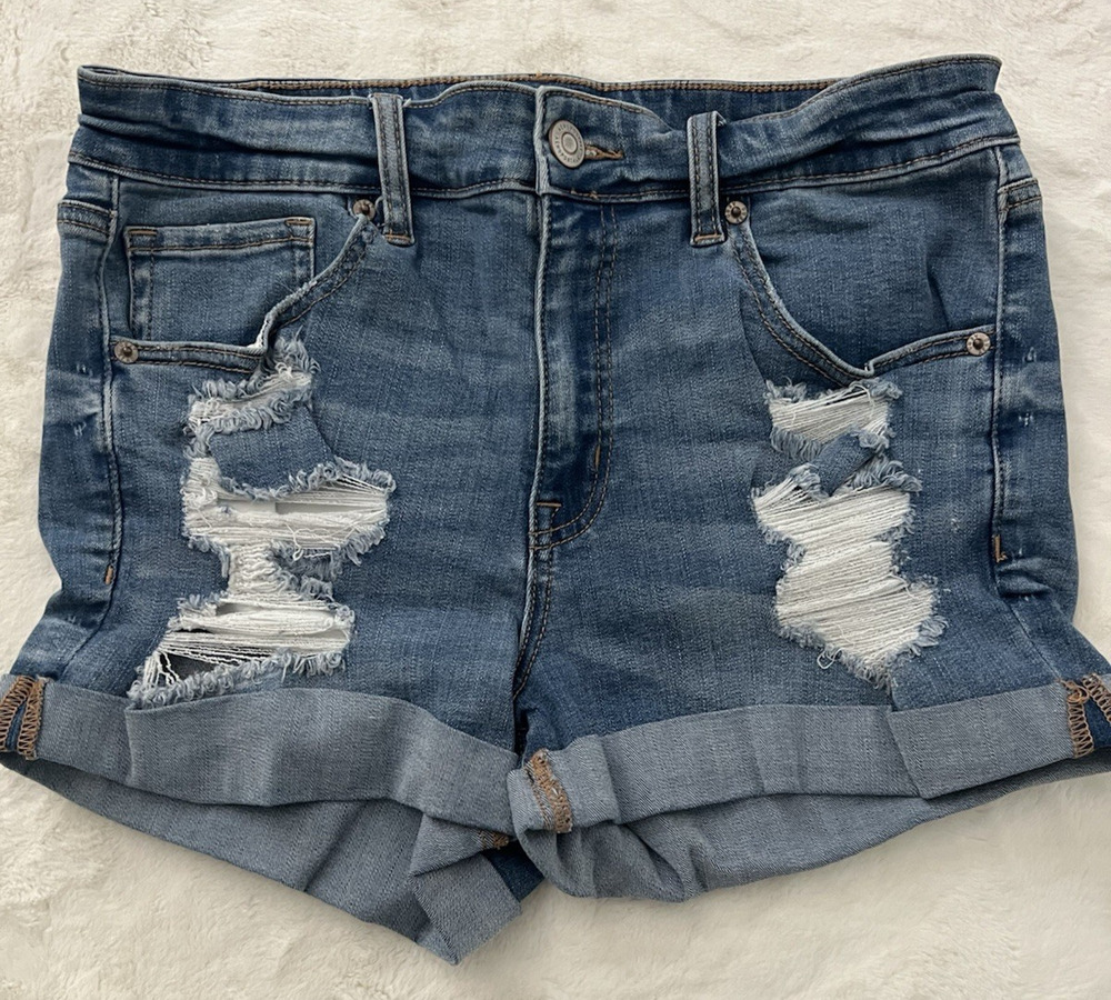Aeropostale High Rise Midi Denim Shorts Distressed Cuffed Blue Size 10